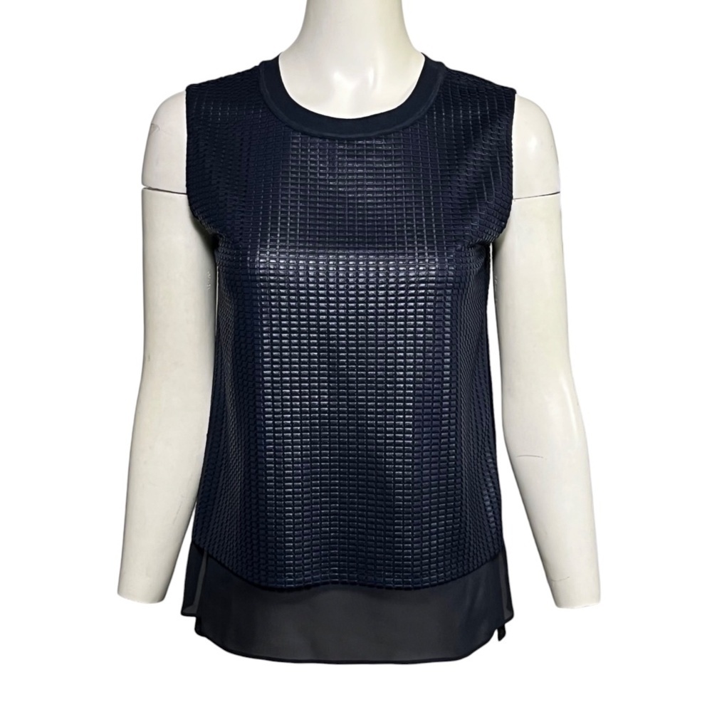 Vince Blouse Women's Small Dark Navy Blue Sleeveless Textured Mesh Overlay Top